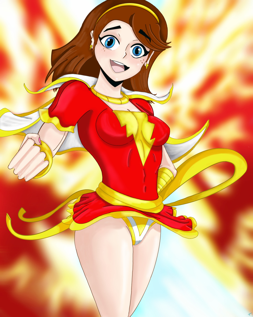 1girls clothing dc dc_comics female mary_batson mary_marvel panties print_panties shazam_(series) skirt_lift solo t-denton