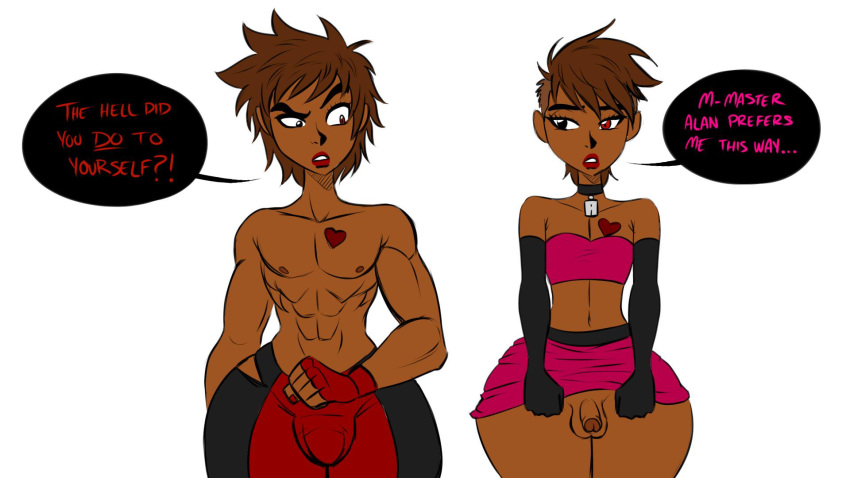 2boys androgynous crossdressing dark-skinned_femboy dark-skinned_male dark_skin dual_persona femboy girly heterochromia joaquin_(pranky) jolina_(pranky) male miniskirt pranky sissy small_penis small_penis_humiliation trap