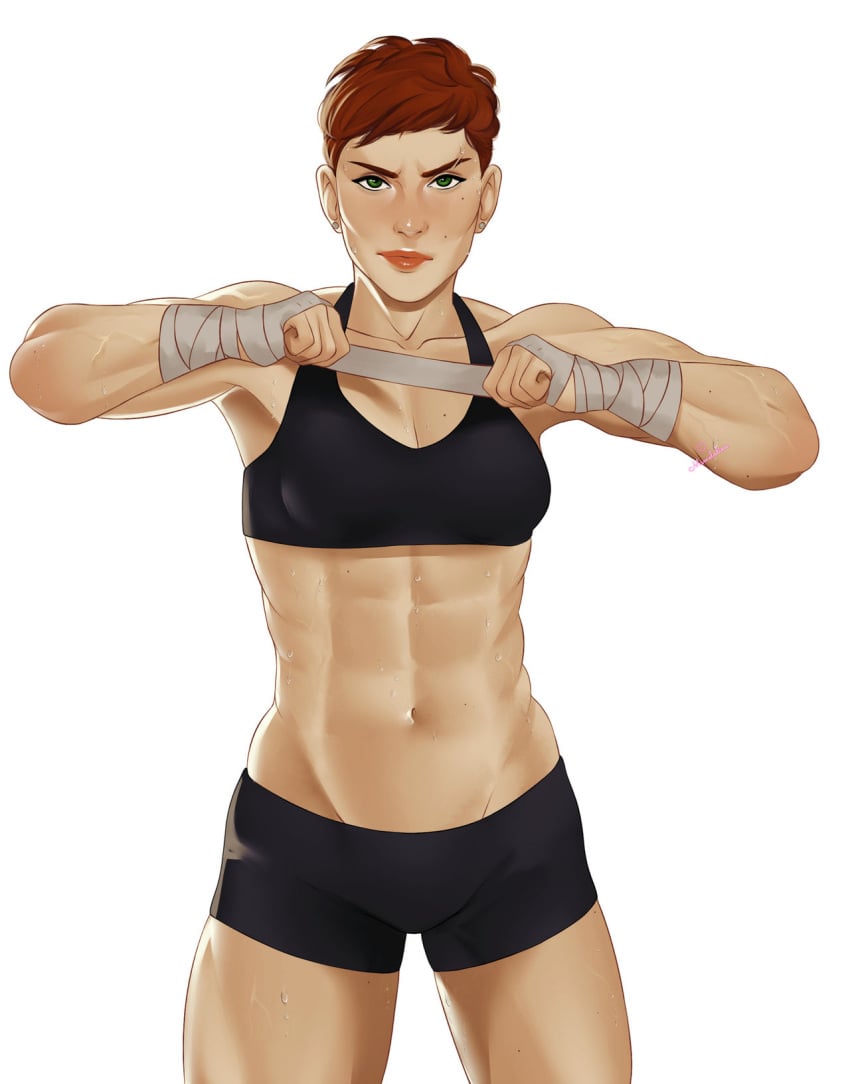 abs brianna_skehan msmelodine muscular_female rainbow_six rainbow_six_siege red_hair sports_bra tagme thorn_(rainbow_six) tomboy very_short_hair