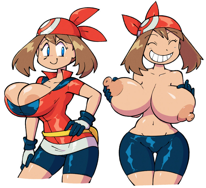 1girls bag belt big_areola big_nipples bike_shorts blue_eyes breast breasts breasts_out brown_hair bursting_breasts busty clothed female female_only huge_breasts human human_only may_(pokemon) nipples pokemon pokemon_rse red_bandana stealth_brock thick_thighs thigh_gap white_background wide_hips