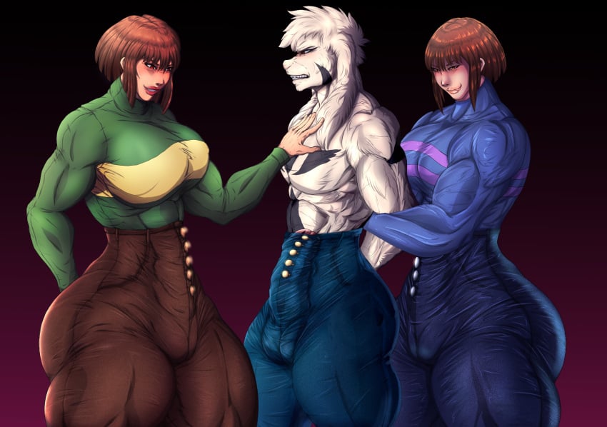 asriel_dreemurr big_ass big_balls big_breasts big_penis chara clothed domination femdom ffm_threesome frisk furry high_waisted_pants jeans lipstick multiple_girls muscles muscular rape submission undertale