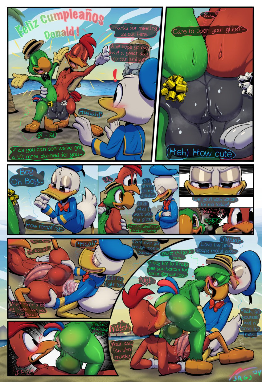 absurd_res anal anal_sex anatid anseriform anthro anus ass avian balls beach beak_in_ass bird blush bodily_fluids bubble_butt chicken clothed clothing comic disney donald_duck duck english_text galliform gallus_(genus) genital_fluids genitals gift_bow group hat headgear headwear hi_res jose_carioca lying male male/male musk musky_balls musky_cock on_back on_ground oral panchito_pistoles parrot partially_clothed penetration penis phasianid portuguese_text precum presenting presenting_penis rimming sex shirt spanish_text speedo sweat sweatdrop sweaty_butt swimwear tapering_penis text the_three_caballeros topwear trio v3rg3