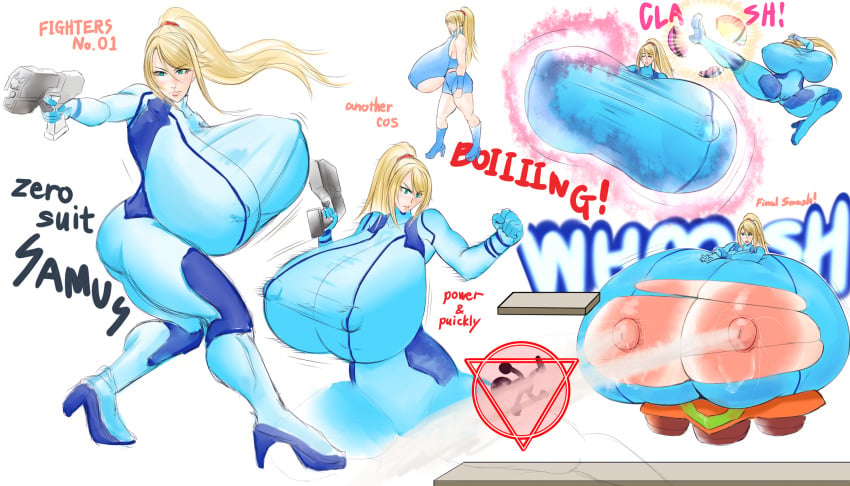 1girls alternate_breast_size aokuro big_breasts blonde_hair breast_expansion breasts es_hisashi gigantic_breasts huge_breasts hyper hyper_breasts lactation large_breasts metroid milk mr._game_and_watch nintendo samus_aran solo super_smash_bros. zero_suit_samus