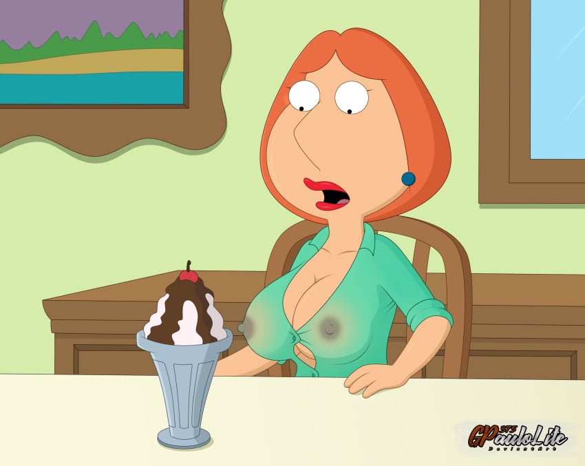 1girls 20th_century_fox accurate_art_style breasts chair cleavage clothing ear_piercing family_guy female female_only gp375 human ice_cream lipstick lois_griffin looking_at_breasts looking_down milf nipples open_mouth orange_hair red_lipstick solo solo_female table