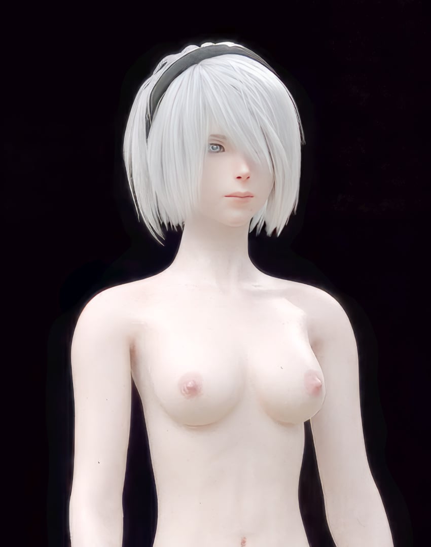 1female 1girls absurd_res blue_eyes bobcut breasts female female_only headband highres human mammal naked_female nier nier:_automata nude nude_female pale-skinned_female pale_skin realistic renderingbutts standing walking white_hair yorha_2b