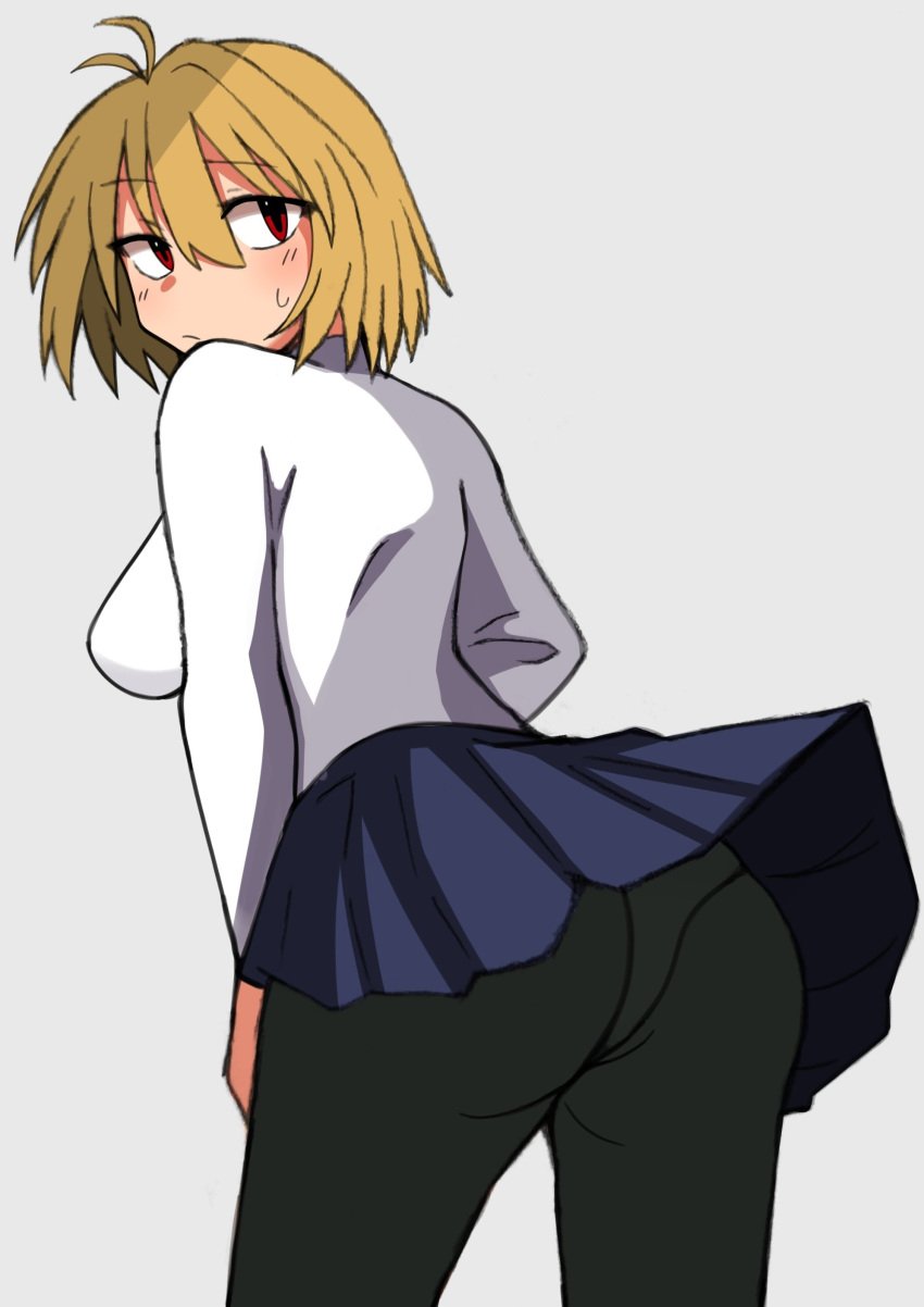 arcueid_brunestud ass big_ass big_butt blonde_hair blue_skirt blush bubble_butt huge_ass huge_butt large_ass large_butt leggings looking_at_viewer looking_back low_angle maz_515 mini_skirt panties red_eyes short_hair sweatdrop tsukihime tsukihime_(remake) turning_around upskirt