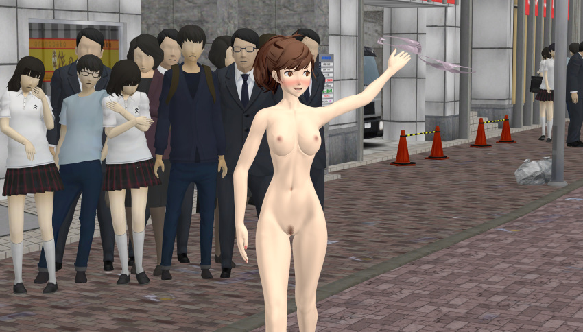 1girls 3d atlus blush breasts clothing_abandonment completely_naked completely_nude exhibitionism kotone_shiomi naked nipples nude ofugh persona persona_3 pubic_hair public_indecency public_nudity pussy shameless streaking underwear_removed xnalara