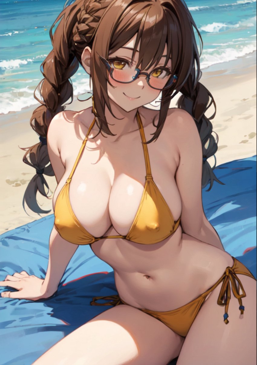 ai_generated beach beach_blanket beach_towel big_nipples bikini blush braided_hair braided_twintails falling_in_love glasses gold_bikini_bottom gold_bikini_top high_school_dxd kiryuu_aika messy_hair nipples_bulge ocean puffy_pussy shade sitting_in_the_shade smile twintails wet_bikini yellow_eyes