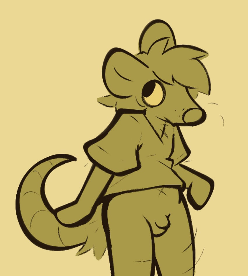 american_opossum anthro body_hair bottomless casual_nudity clothed clothing genitals goopystem_(artist) hair hi_res lacking_pants leg_hair looking_away male mammal marsupial messy_hair opossum_pants_(game) pants_off penis relaxing shirt simple_background solid_color solo the_opossum_(opossum_pants) topwear