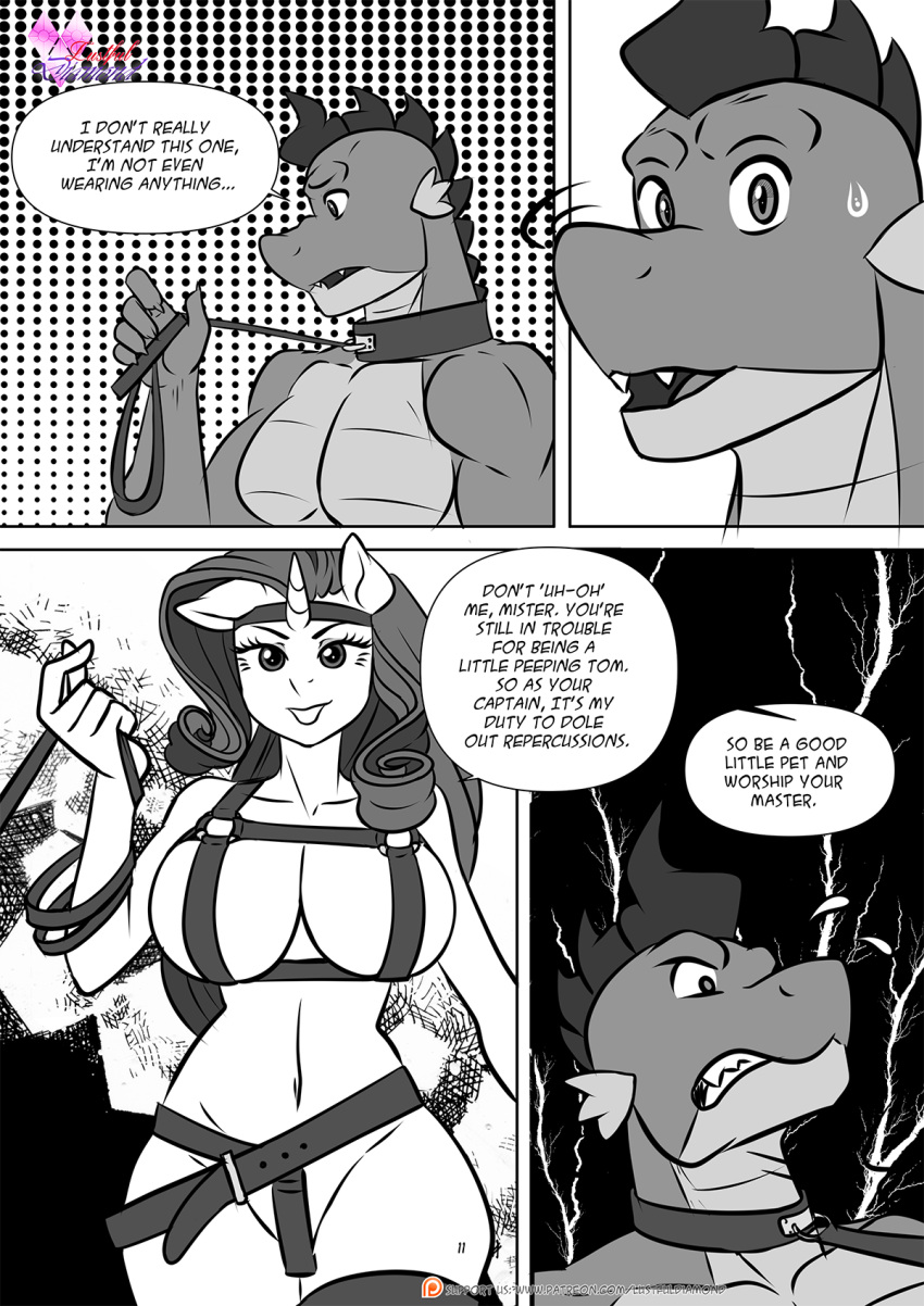 1boy 1girls anthro big_breasts black_and_white collar comic comic_page dominatrix dragon english_text fetish_wear friendship_is_magic leash leash_and_collar leash_pull muscular_male my_little_pony page_11 page_number pia-sama rarity_(mlp) speech_bubble spike_(mlp) unicorn unicorn_horn