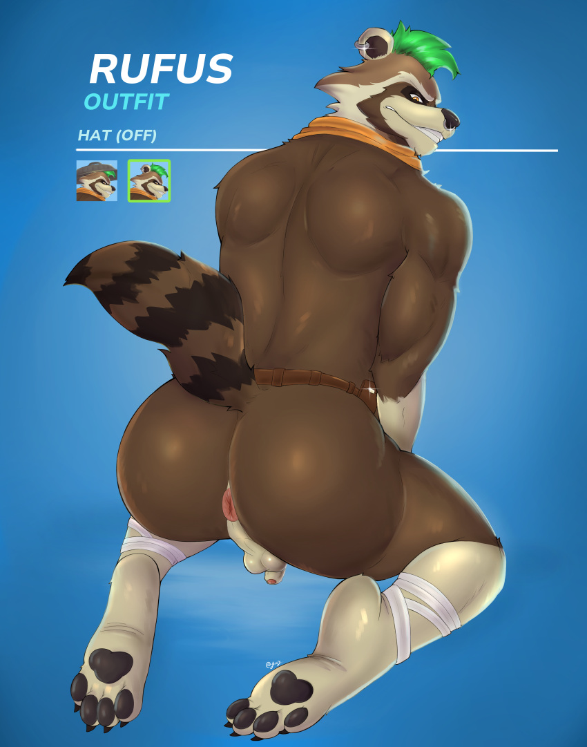 2024 absurd_res anthro anus balls belt digital_media_(artwork) ear_piercing epic_games foreskin fortnite fur genitals hair hi_res jirux male male_only mammal nude paws penile penis piercing procyonid puffy_anus raccoon rufus_(fortnite) simple_background solo tail