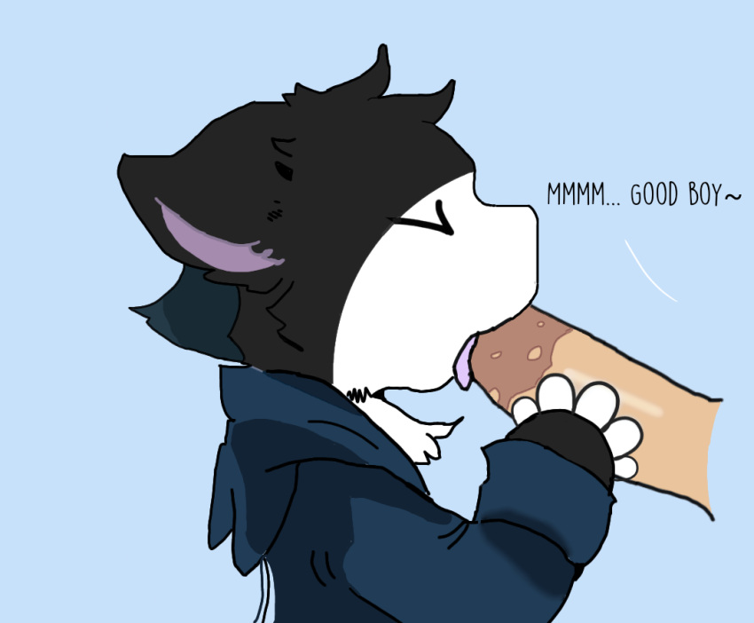 anthro big_penis black_fur blowjob closed_eyes dialogue disembodied_penis duo ears_down fur furry gay good_boy haviture haviture_(vtuber) hoodie looking_pleasured male name_calling oral simple_background virtual_youtuber white_fur