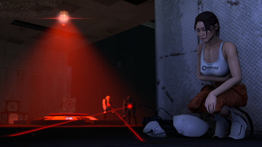 3d asian asian_female big_ass big_breasts brown_hair brown_hair_female chell fully_clothed medium_ass medium_breasts ponytail ponytail_female portal_(series) sfm source_filmmaker squatting turret_(portal) valve watermark wogor worried worried_expression worried_face worried_look