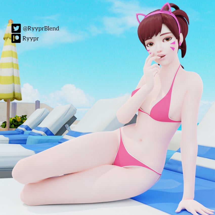 1girls 3d bikini brown_eyes brown_hair d.va female hairband hana_song long_legs looking_at_viewer overwatch overwatch_2 poolside ryyprblend sfw slender_legs small_breasts solo swimsuit thighs