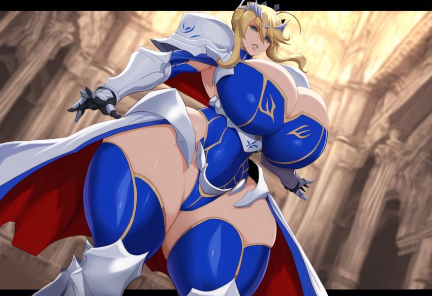 ai_generated armor artoria_pendragon artoria_pendragon_(fate) artoria_pendragon_(lancer) blonde_hair cape castle curvaceous curvy fate_(series) female gauntlets huge_breasts leotard mature_female mullon novelai solo thighhighs voluptuous voluptuous_female