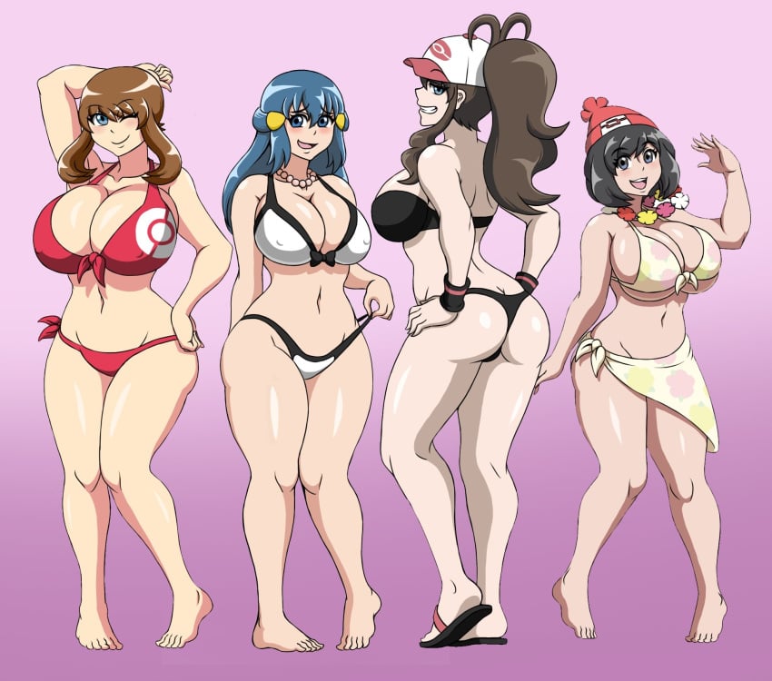 4girls alternate_breast_size ass barefoot big_breasts bikini black_bikini black_hair blue_eyes blue_hair breast_size_difference breasts brian12 brown_hair dawn_(pokemon) double_bun eye_contact female female_only hilda_(pokemon) huge_ass huge_breasts human human_only large_breasts long_hair looking_at_viewer may_(pokemon) multiple_females multiple_girls pokemon selene_(pokemon)