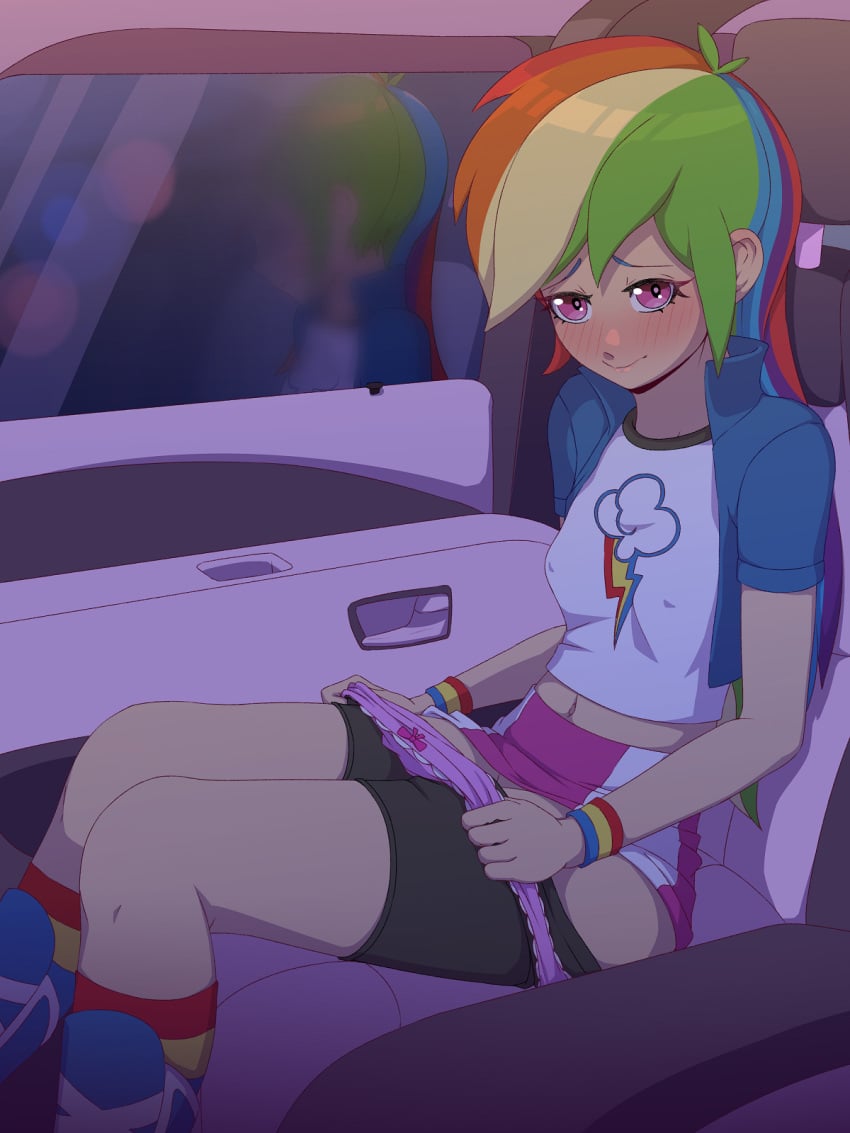 1girl 1girls belly_button bike_shorts blush car equestria_girls erect_nipples erect_nipples_under_clothes long_hair looking_at_viewer multicolored_hair my_little_pony no_bra panties pink_panties rainbow_dash_(eg) rainbow_hair red_eyes rockset undressing undressing_self