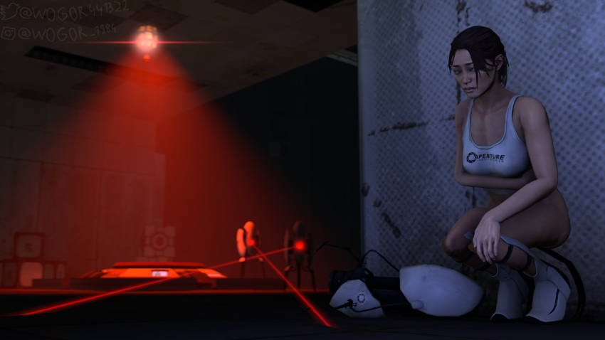 3d asian asian_female big_ass big_breasts blue_eyes blue_eyes_female bottomless bottomless_female brown_hair brown_hair_female chell fully_clothed medium_ass medium_breasts pale-skinned_female pale_skin ponytail ponytail_female portal_(series) sfm source_filmmaker squatting turret_(portal) valve watermark wogor worried worried_expression worried_face worried_look