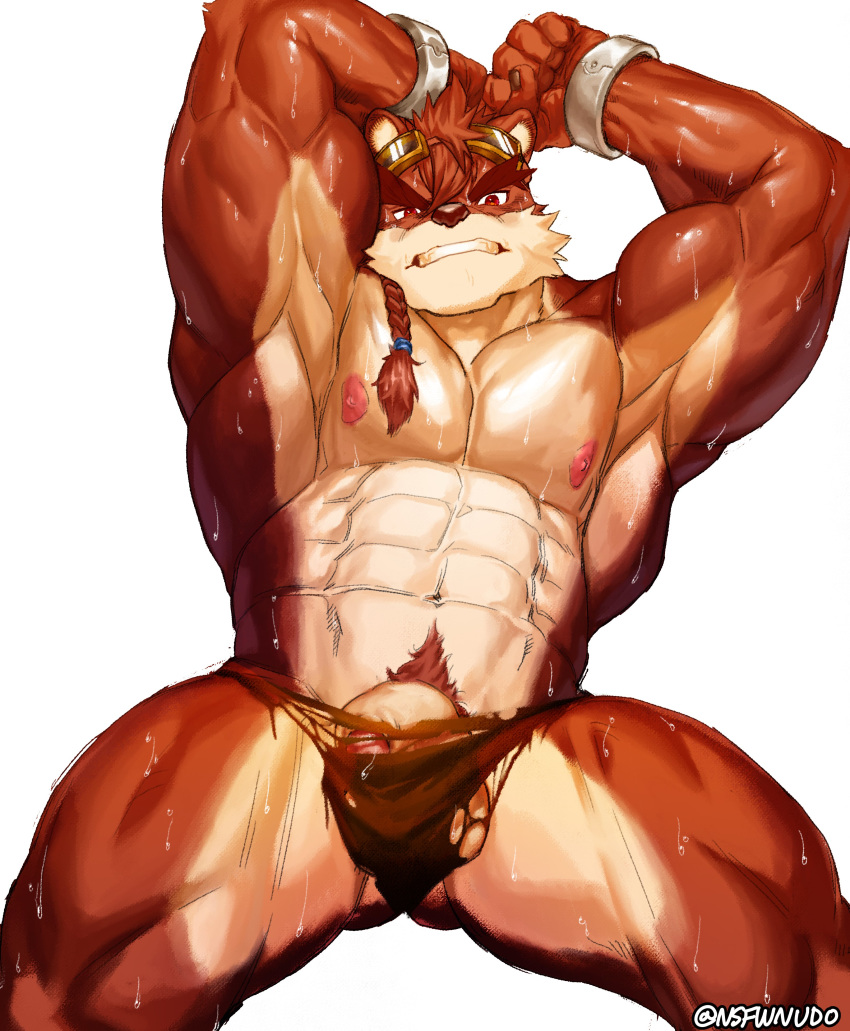 2019 abs absurd_res anthro biceps canid canine cartuja clothing epic7 eyewear fur goggles hair hi_res male male_only mammal multicolored_fur muscular muscular_male nipples nsfwnudo nunudodo pecs penis simple_background solo