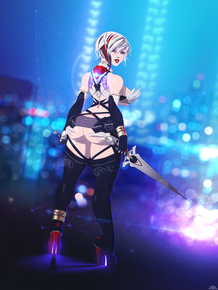 amaurymangaka cyberpunk dagger feather_ornament futuristic glowing_heels heels huge_ass knife looking_back microskirt neon_lights pinup platform_heels science_fiction unity_(sordidoctopus)