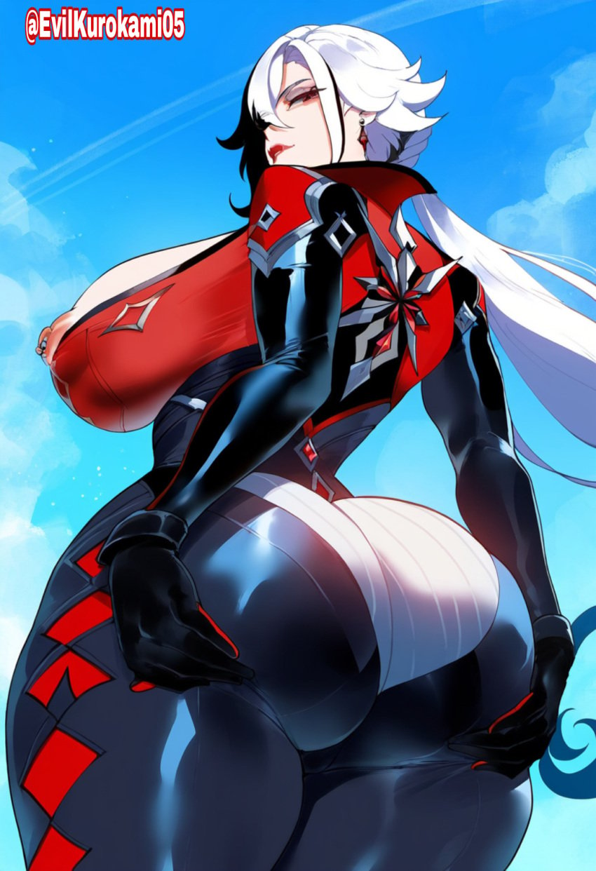 ai_generated arlecchino_(genshin_impact) artist_name black_lipstick evilkuro05 genshin_impact grabbing grabbing_own_ass looking_back massive massive_ass massive_breasts novelai thiccwithaq_(ai_style) two_tone_bodysuit