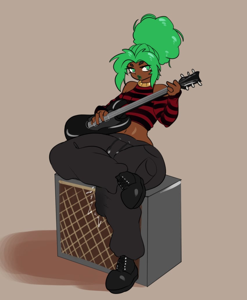 1boy aj_(gameruninformed) big_penis bloomz bulge cock_bulge dark-skinned_femboy dark-skinned_male dark_skin emo emo_boy femboy flaccid green_eyes green_hair green_lipstick guitar huge_cock large_penis lipstick penis penis_bulge sitting_on_speaker solo solo_focus solo_male speaker trap