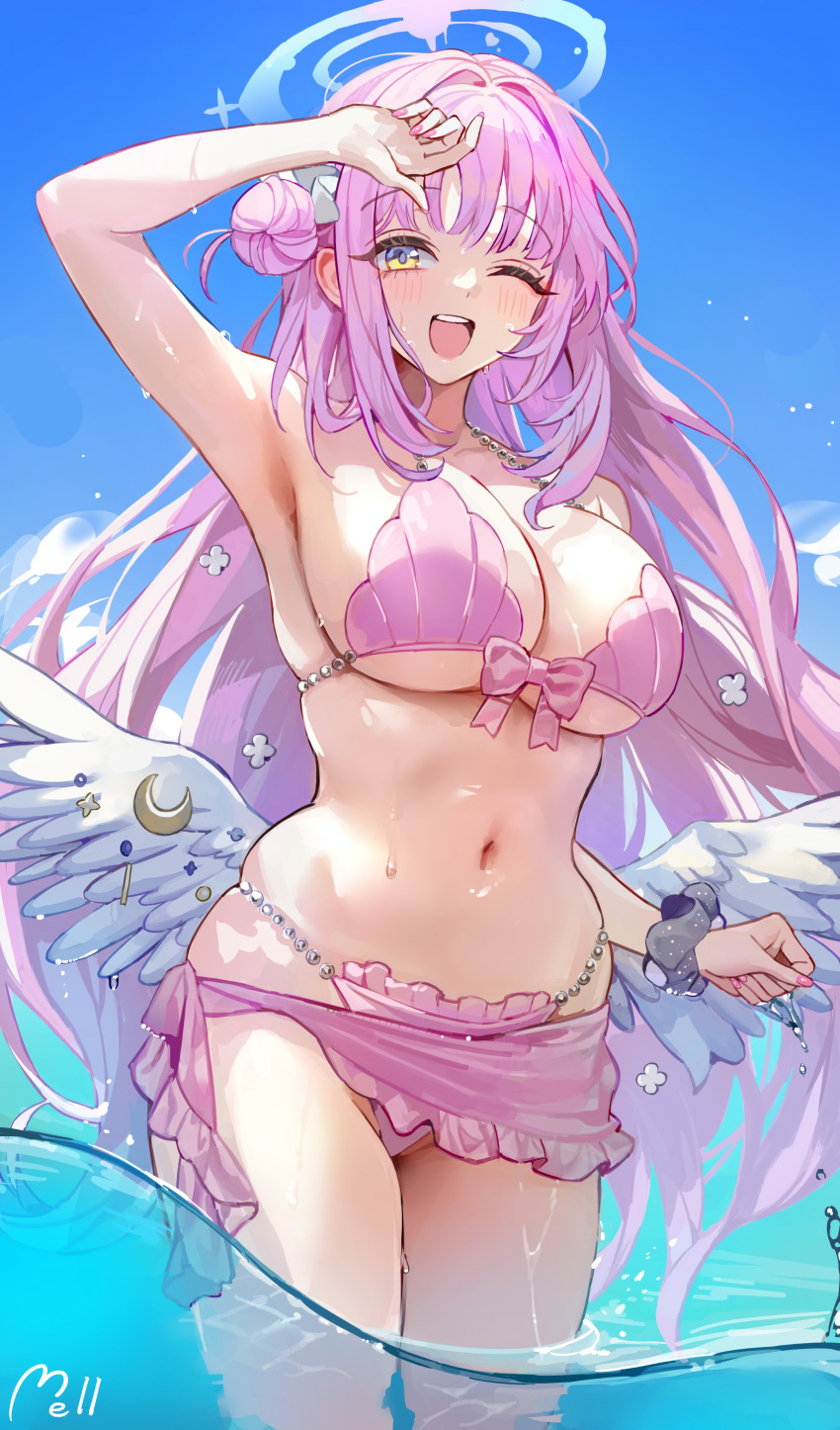 bikini blue_archive female frilled_bikini large_breasts mika_(blue_archive) nail_polish painted_nails partially_submerged pink_bikini pink_hair pink_nails signature swimsuit tea_party_(blue_archive) trinity_general_school_student wet_body