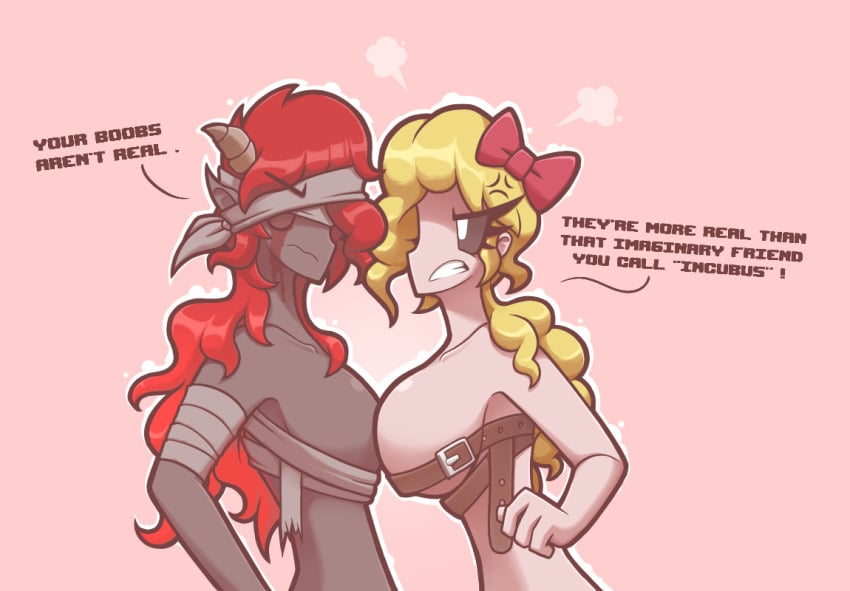 2girls anger argument bandages belt blindfold blonde_hair breasts female horns lilith_(the_binding_of_isaac) magdalene_(the_binding_of_isaac) multiple_girls notyoursagittarius red_hair succubus text the_binding_of_isaac