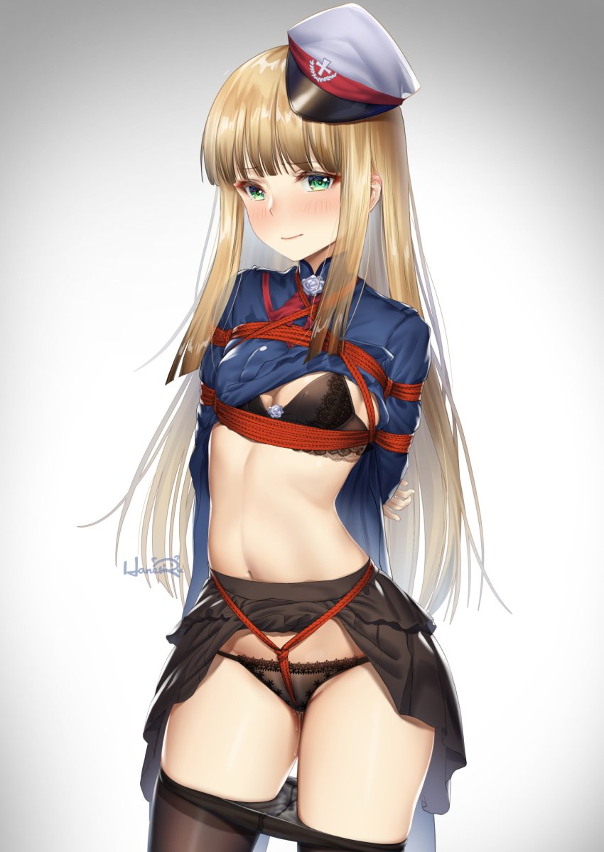 arms_behind_back bangs black_bra black_legwear black_panties blonde_hair blue_eyes blush bondage bound bra breasts cowboy_shot eyebrows_visible_through_hair fate/grand_order fate_(series) female flower gloves groin haneru hat highres lace lace-trimmed_bra lace-trimmed_panties long_hair long_sleeves looking_at_viewer lord_el-melloi_ii_case_files panties pantyhose pantyhose_pull pussy_juice reines_el-melloi_archisorte shirt_lift simple_background skindentation small_breasts smile solo thighband_pantyhose tied_up underwear