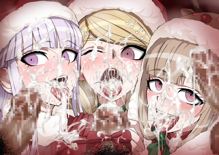 3boys 3girls after_deepthroat after_fellatio akamatsu_kaede akizora alternate_costume animal_ears bangs blonde_hair blowbang blush bukkake censored christmas christmas_hat christmas_outfit closed_eyes commentary_request cum cum_in_mouth cum_on_closed_eye cum_on_eye cum_on_face cum_on_hair cum_on_tongue cum_out_throat danganronpa danganronpa_1 danganronpa_2 danganronpa_2:_goodbye_despair danganronpa_3 danganronpa_v3 dark-skinned_male earrings eyebrows_visible_through_hair eyelashes eyes facial female flipped_hair green_neckwear green_ribbons grey_eyes hair hair_clips hat jewelry kirigiri_kyouko kneeling light_blue_hair light_brown_hair light_skin long_hair looking_at_penis male male_pov multiple_boys multiple_facials multiple_girls musical_note nanami_chiaki new_danganronpa_v3 one_eye_closed open_mouth oral_invitation out_of_frame pale_skin penis pink_eyes pov pubes pubic_hair purple_eyes purple_hair red_ribbon reindeer reindeer_ears ribbon saliva saliva_drip saliva_string saliva_trail santa_costume santa_hat schoolgirl slim star star_earrings straight_hair stray_pubic_hair super_danganronpa_2 sweat teenager teeth throat tongue tongue_out triple_facial violet_eyes