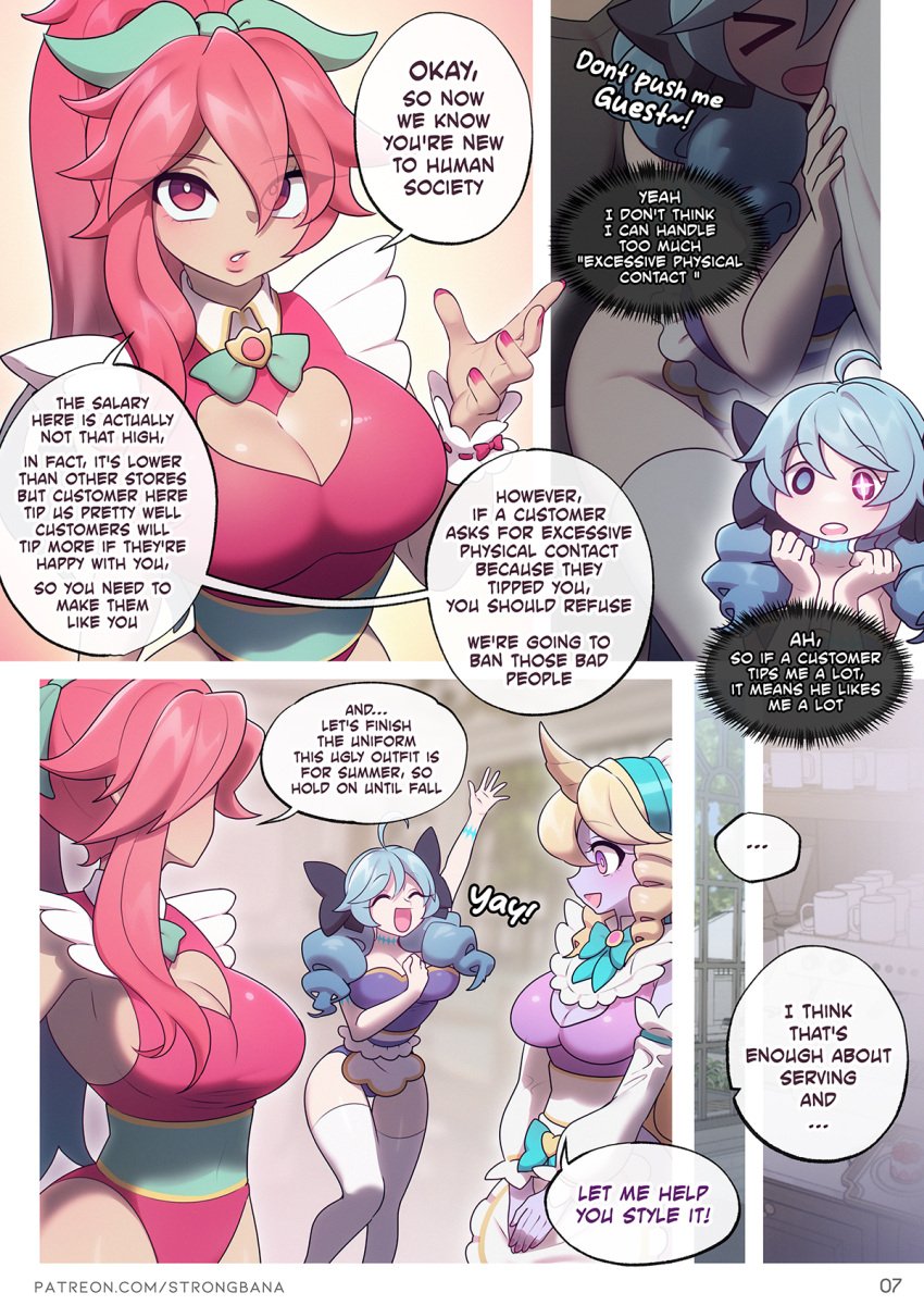 3girls alternate_costume arguing ass big_ass big_breasts blonde_hair blue_eyes blue_hair blush cafe_cutie_gwen cafe_cutie_sivir cafe_cutie_soraka cafe_cuties_series cleavage comic comic_page comic_panel drill_hair english_text green_hair gwen_(league_of_legends) happy large_breasts league_of_legends maid maid_outfit maid_uniform nail_polish oc page_7 page_number pale-skinned_female pale_skin pink_eyes pink_hair pink_nails purple_skin purple_skinned_female ribbon_in_hair riot_games sivir soraka strongbana tan_skin tan_skinned_female text tight_clothing two_tone_hair uniform watermark