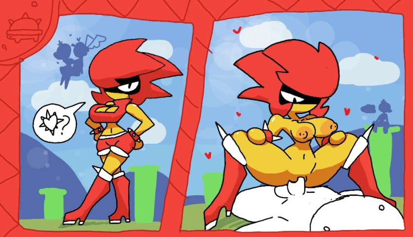 2girls alexonjaychara background_sex boob_window footwear looking_at_partner looking_at_viewer mario_(series) outdoors red_footwear red_hair sex_in_background shorts sky_sex spiked_bracelet spiny spiny_girl super_mario_bros. tagme yellow_body yellow_skin