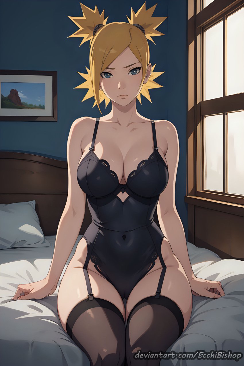 1girls ai_generated alternate_costume arm_support arms_at_sides bed bedroom big_breasts blonde_hair boruto:_naruto_next_generations bra breasts cleavage collarbone deviantart deviantart_username ecchibishop female female_only front_view furrowed_brow garter_straps indoors legs_together leotard light-skinned_female light_skin lingerie looking_at_viewer mature mature_female midriff milf mommy mother nai_diffusion naruto naruto_(series) panties pinup ponytail quad_tails sitting sitting_on_bed solo solo_focus stable_diffusion stockings teal_eyes temari underwear untied_bra url voluptuous web_address wide_hips wife window