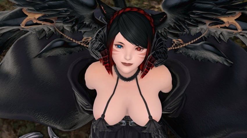 1girls 3d avatar_(ff14) big_breasts big_tits black_hair black_lipstick black_wings blue_eyes breasts cat_ears catgirl female final_fantasy final_fantasy_xiv girl glasses goth goth_girl heart-shaped_pupils horn horns horny huge_breasts looking_at_viewer miqo'te nekomimi original_character red_eyes red_hair self_upload shaika_row succubus tits wings