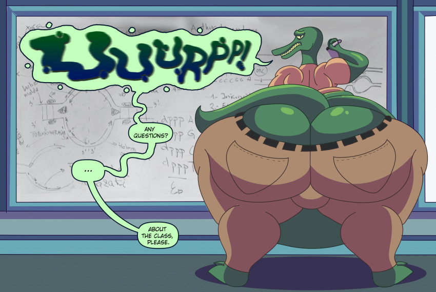 1boy ass_cleavage belch belching big_ass big_ass_(male) big_belly big_butt burp burping chubby chubby_male huge_ass huge_belly huge_butt hyper hyper_ass jacalope lizard looking_back male male_only male_pred marvel marvel_comics post-vore professor pudgy pudgy_belly reptile scalie teacher the_lizard_(marvel) vore whiteboard wide_hips