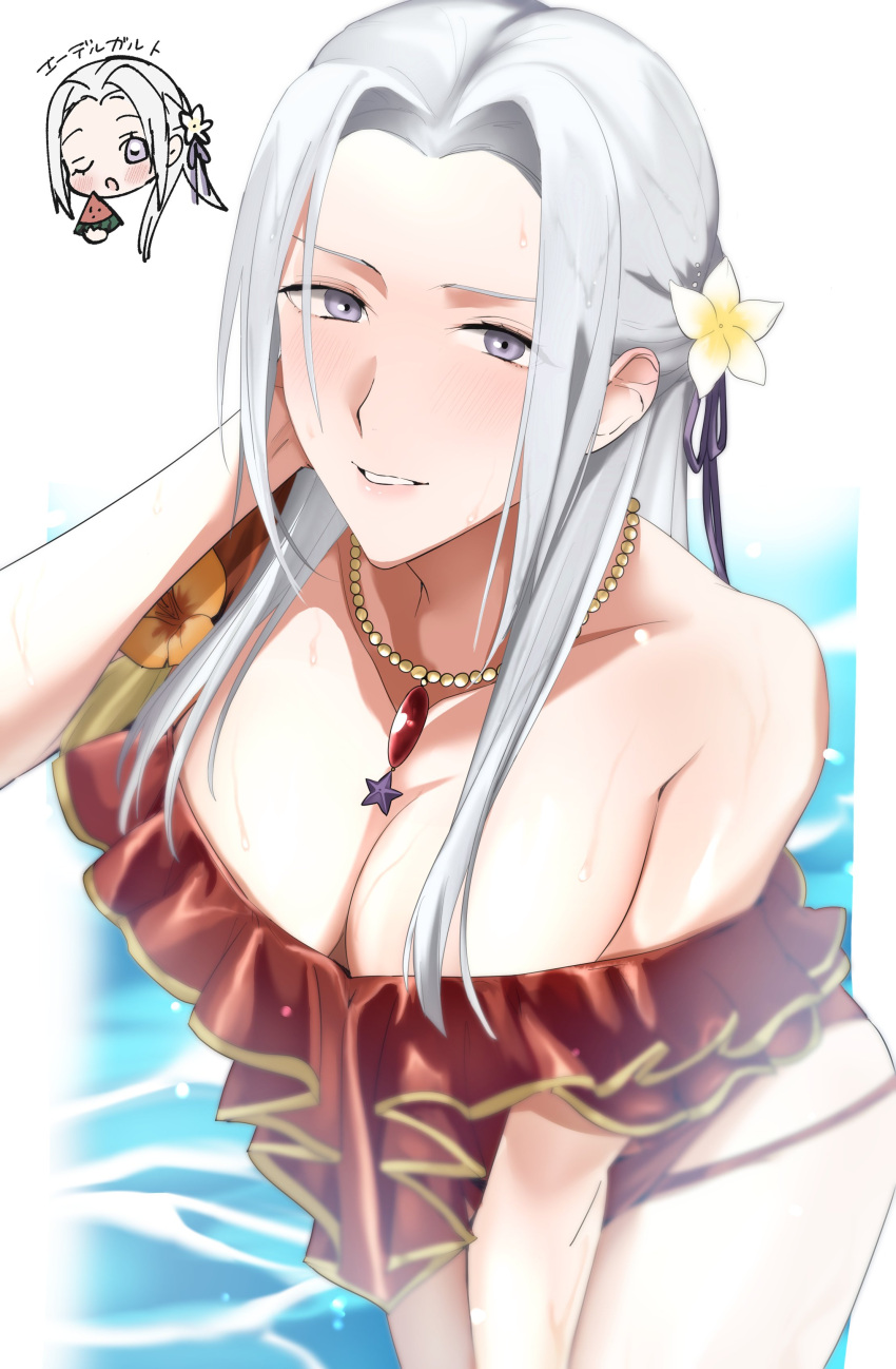 1girls 4m700kg bikini cleavage edelgard_von_hresvelg edelgard_von_hresvelg_(summer) fire_emblem fire_emblem:_three_houses fire_emblem_heroes flower flower_in_hair grey_hair large_breasts looking_at_viewer nintendo purple_eyes swimsuit