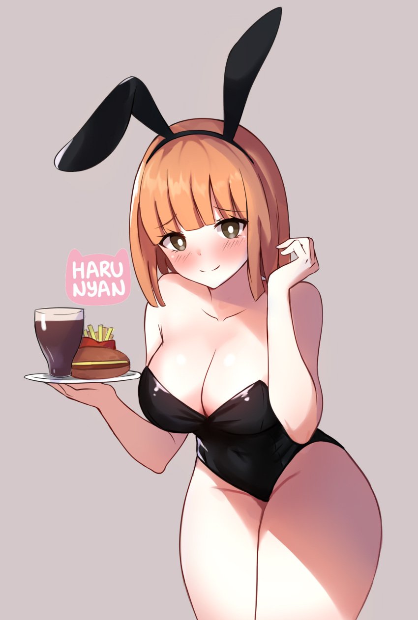 big_breasts black_leotard blush bob_cut brown_eyes bunny_ears bunnysuit burger cleavage fake_animal_ears french_fries glass haru_nyanx3 highleg highleg_leotard holding_object holding_plate leaning_forward leotard looking_at_viewer mature_female mcdonald&#039;s milf mom_(japanese_mcdonald&#039;s_commercial) orange_hair simple_background waitress watermark yoru_mac