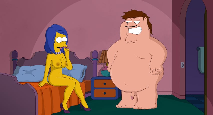 1boy 1girls 20th_century_fox accurate_art_style bed bedroom belly big_belly blue_hair breasts brown_hair crossover duo facial_hair family_guy fat fat_belly fat_man female gp375 high_heels human lipstick looking_at_penis male marge_simpson moustache necklace nipples nude obese obese_male open_mouth overweight overweight_male penis peter_griffin sitting small_penis smile standing straight the_simpsons voluptuous voluptuous_female yellow_skin