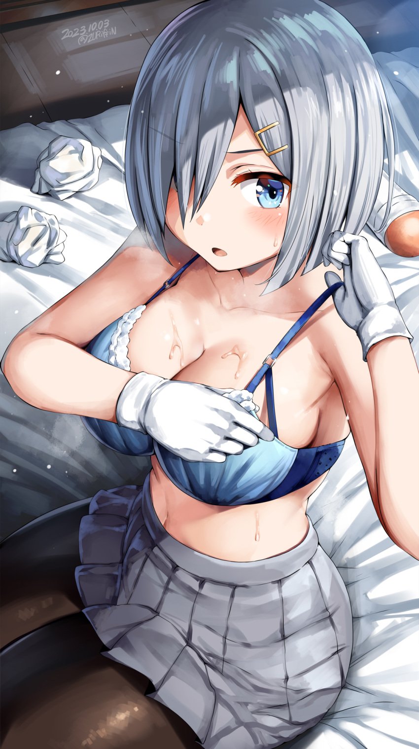 1girls belko blue_bikini_top blue_eyes bra female gloves hair_over_one_eye hairclip hamakaze_(kantai_collection) kantai_collection pantyhose pulling_bikini_string seifuku silver_hair solo undressing wet white_gloves