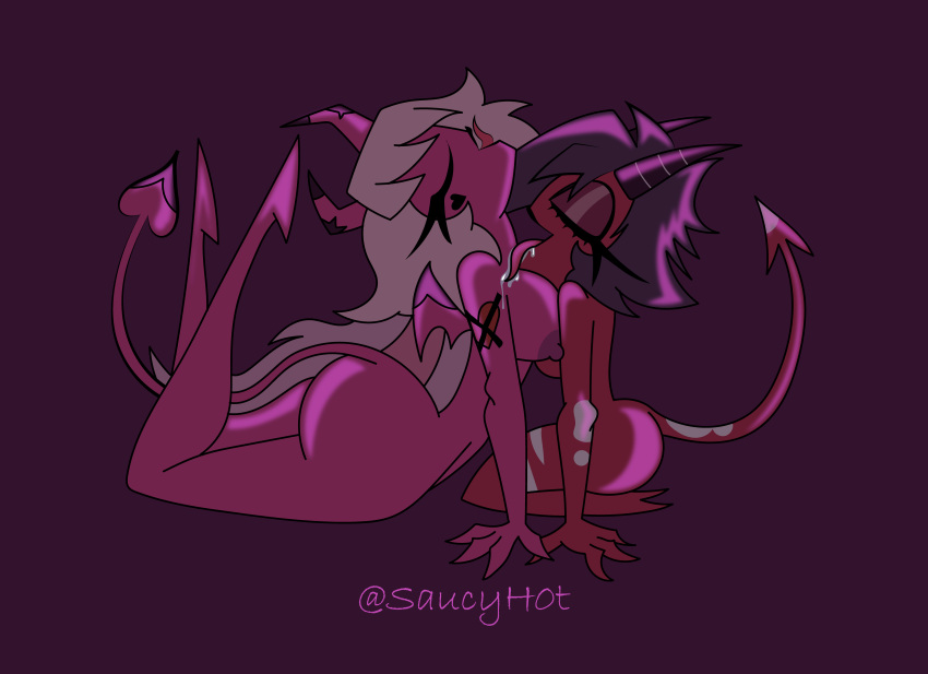 2demons demon demon_girl demon_horns demon_tail demon_wings demoness demons helluva_boss imp licking millie_(helluva_boss) saucyh0t succubus tongue verosika_mayday_(helluva_boss) yuri