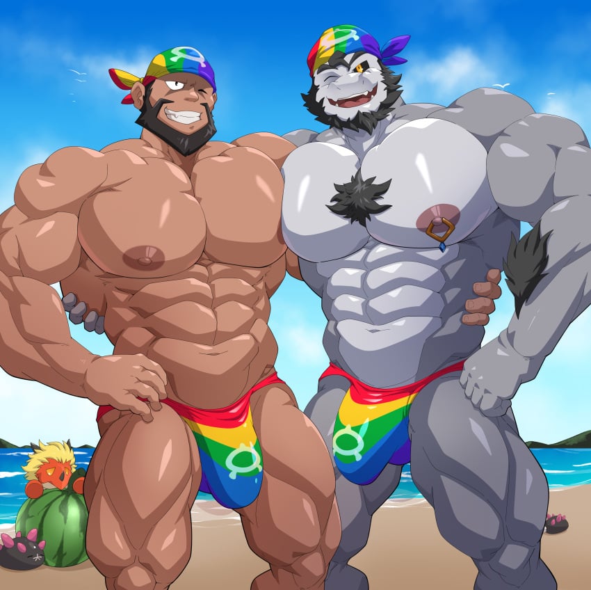 5:4 abs absurd_res anthro archie_(pokemon) arm_hair arm_tuft bandana beach beard big_muscles big_nipples big_pecs body_hair brown_hair bulge canon_x_oc chest_hair chest_tuft clothed clothing demon dragon draycos duo facial_hair flaccid gay generation_7_pokemon hair hi_res holding_partner huge_muscles huge_pecs human human_on_anthro interspecies jewelry kerchief lgbt_pride lying maldu male male/male male_only mammal mostly_nude multicolored_clothing muscular muscular_anthro muscular_human muscular_male mythological_creature mythological_scalie mythology necklace nintendo nipple_piercing nipple_ring nipples pecs pecs_touching piercing pokemon pokemon_(species) pride_color_clothing pride_colors pyukumuku rainbow_clothing ring_piercing sand scalie seaside sex speedo speedo_only swimwear team_aqua topless topless_male tuft water