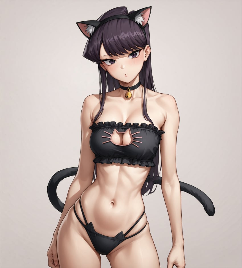 1girls :o ai_generated bare_arms bare_shoulders bell breasts cat_bell cat_cutout cat_ears cat_lingerie cat_tail catgirl choker cleavage_cutout collarbone female komi-san_wa_komyushou_desu komi_shouko looking_at_viewer navel notreallyhere purple_eyes purple_hair simple_background skindentation slender_body slender_waist solo standing swept_bangs thigh_gap