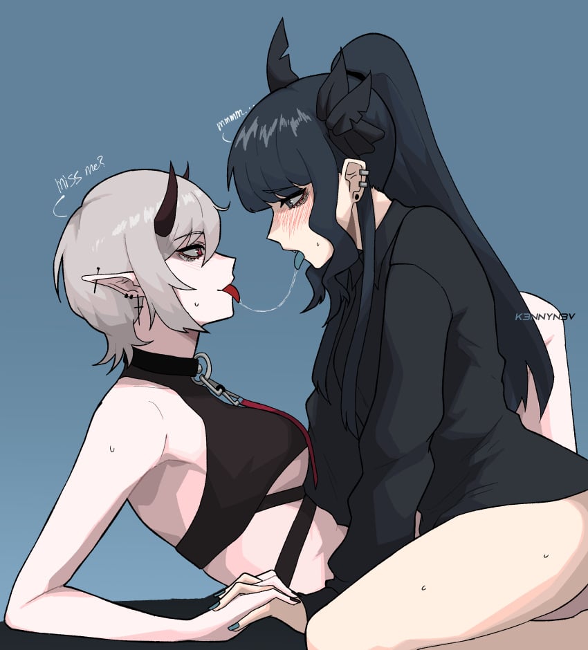 2girls artemis_of_the_blue atelier_live bangs black_eyes black_hair black_nail_polish black_nails blue_nails blue_tongue blush blushing ear_piercing earrings english_text female holding_hands horns imp indie_virtual_youtuber k3nnyn3v lesbian_kiss light-skinned_female long_hair multiple_girls piercings ponytail red_eyes rinkya saliva saliva_string shark shark_fin shark_tail sharp_teeth text virtual_youtuber vtuber