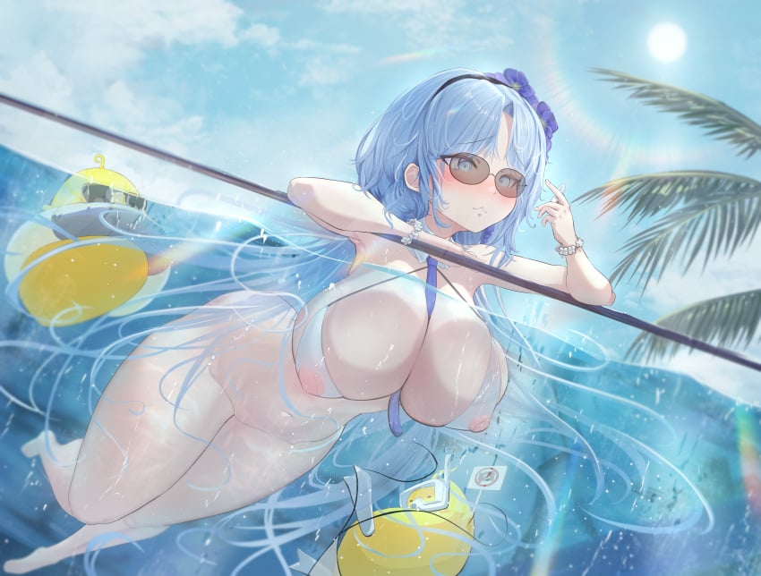 1girls 2animals absurdres against_glass alsace_(azur_lane) alsace_(heat-beating_summer_sacrament)_(azur_lane) annasui_factory azur_lane between_breasts bikini blue_eyes blue_hair breast_press breasts breasts_on_glass cleavage flower_bracelet highres iris_libre_(azur_lane) large_breasts light-skinned_female light_skin manjuu_(azur_lane) necktie nipple_cutout nipples palm_tree pool rubber_duck sun sunglasses swimming swimsuit thick_thighs thighs tree underwater wet wet_clothes wet_swimsuit