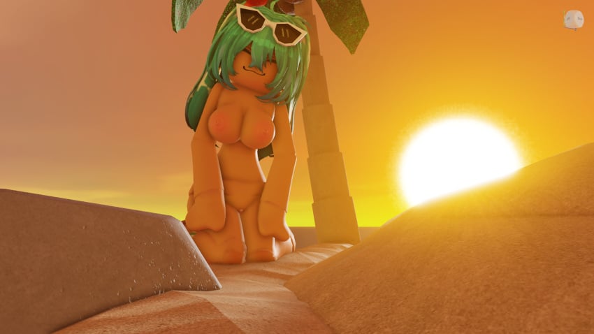 1girls 3d beach brazil brazilian brazilian_female brazilian_miku breasts hatsune_miku nipples nude outside palm_tree quitamase roblox roblox_avatar roblox_rthro robloxian sunglasses sunset tagme vocaloid