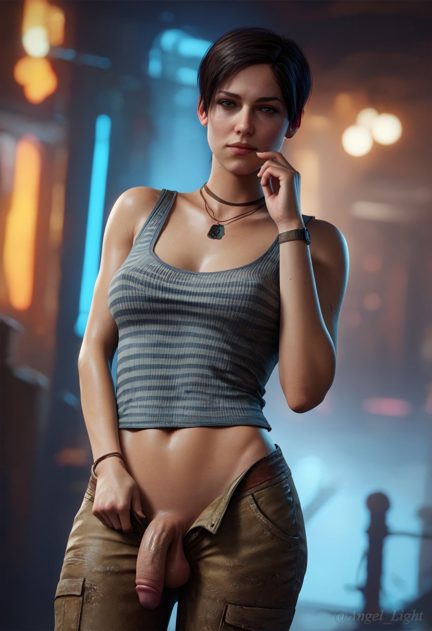 1girls ai_generated angel_light angel_light_(artist) anna_miller_(metro) balls black_hair dickgirl futanari metro_2033 metro_exodus penis tank_top