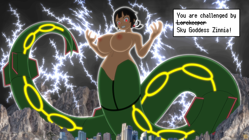 2024 atomicravioli black_hair dragon_girl giantess huge_breasts nipples nude nude_female pokemon pokemon_oras rayquaza red_eyes tagme zinnia_(pokemon)