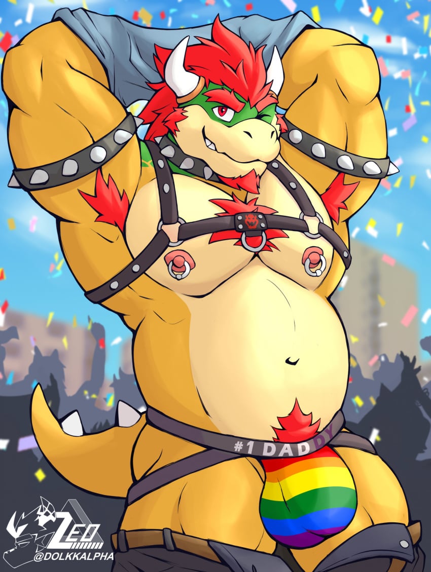 1boy 2024 ambiguous_species anthro areola armband armpit_hair arms_above_head artist_logo artist_name ball_bulge bara barazoku beefy belly biceps big_bulge big_muscles blurred_background body_hair bottomwear bottomwear_down bowser bulge chest_hair clothed clothing collar confetti daddy_kink day english_text eyebrows facial_hair gay goatee green_head group harness hi_res horns huge_muscles jockstrap koopa lgbt_pride lgbt_pride_month looking_at_viewer male male_nipples male_only mario_(series) masculine mature_male musclegut muscles muscular_anthro muscular_male navel nintendo nipple_piercing nipple_ring nipple_rings no_visible_genitalia non-mammal_nipples obliques one_eye_closed outside pants pants_down partially_clothed pecs penis_bulge piercing pride_color_clothing pride_color_jockstrap pride_color_underwear pride_colors pubes rainbow_jockstrap rainbow_pride_colors raised_clothing raised_shirt raised_topwear red_eyes red_hair ring_piercing scalie shirt sideburns silhouette smile spiked_armband spiked_collar spiked_tail spikes spikes_(anatomy) standing tail text text_on_clothing text_on_jockstrap text_on_underwear topwear underwear wink zeo_helvein