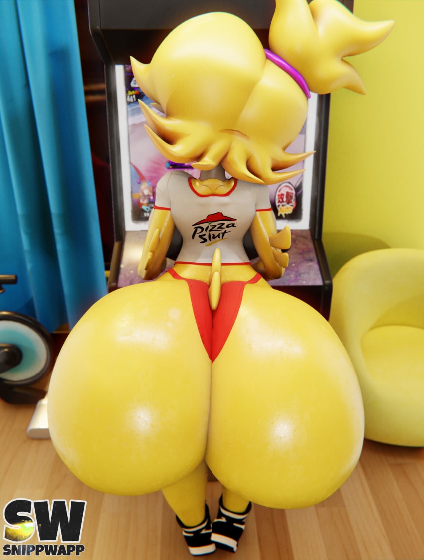 1girls 3d_(artwork) absurd_res animatronic anthro arcade_machine artist_logo ass ass_focus avian back_view big_ass big_breasts big_butt bird blender blender_(artwork) blender_(software) blender_eevee blender_eevee_next bottom_heavy breasts bubble_butt chica_(cally3d) chica_(fnaf) chicken chiku chiku_(cryptia) chiku_(cryptiacurves) clothed clothed_female clothing digital_media_(artwork) fat_ass fazclaire&#039;s_nightclub feathers female female_focus female_only five_nights_at_freddy&#039;s footwear fredina&#039;s_nightclub galliform gallus_(genus) hair hi_res huge_ass huge_butt logo massive_ass panties phasianid rear_view scottgames shirt shoes snippwapp solo solo_female solo_focus t-shirt tail thong topwear underwear yellow_body