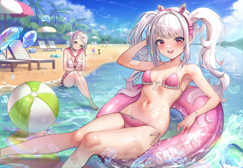 2girls alice_(nikke) ass beach beach_ball beach_chair beach_umbrella bikini blush breasts cleavage female female_only floating glasses goddess_of_victory:_nikke green_eyes long_hair neon_(blue_ocean)_(nikke) neon_(nikke) open_mouth pink_eyes sitting small_breasts swimsuit twintails upper_teeth white_hair